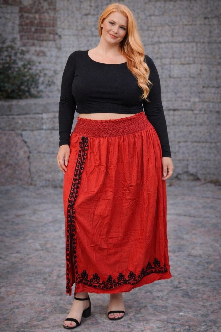 Magic Boho Red Vampy Whimsygoth Floral Bohemian Hippie Maxi Skirt 2x Plus